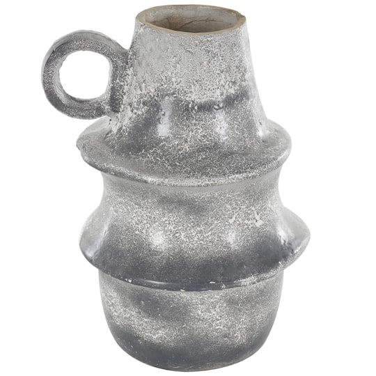 16" Light Gray Paper Mache Distressed Fluted Vase with Ring Handle